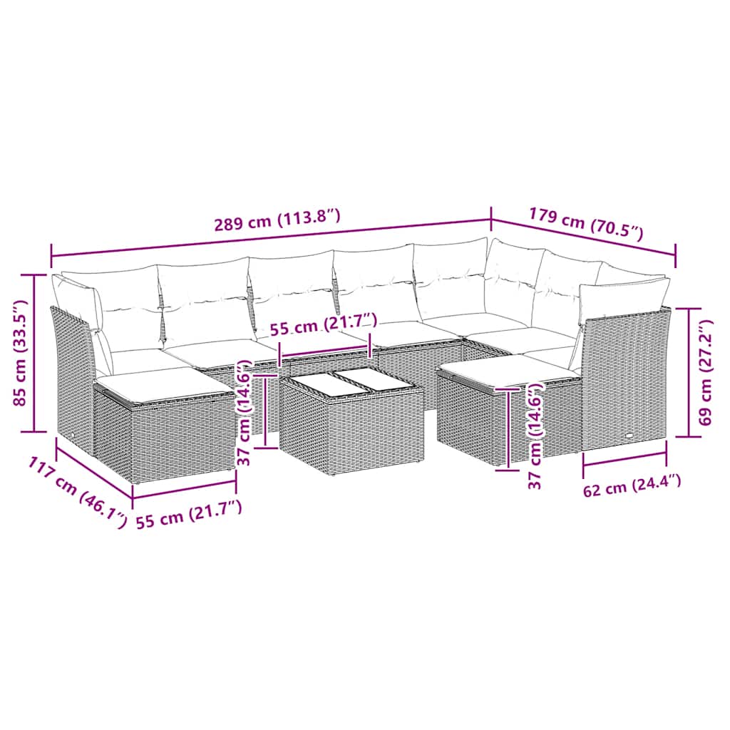 10-delige Loungeset met kussens poly rattan zwart – afbeelding 3