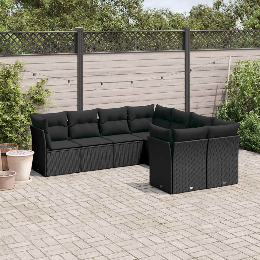 8-delige Loungeset met kussens poly rattan zwart – afbeelding 1