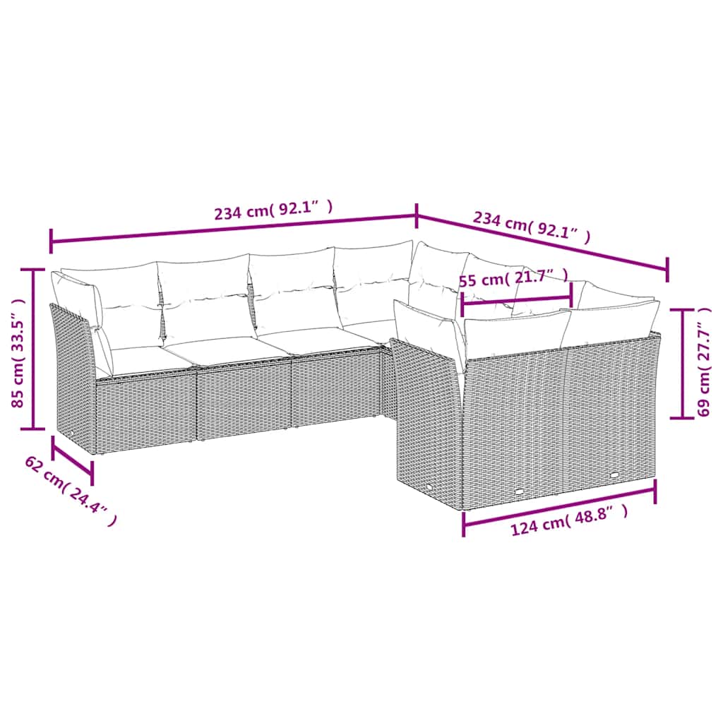 8-delige Loungeset met kussens poly rattan zwart – afbeelding 3