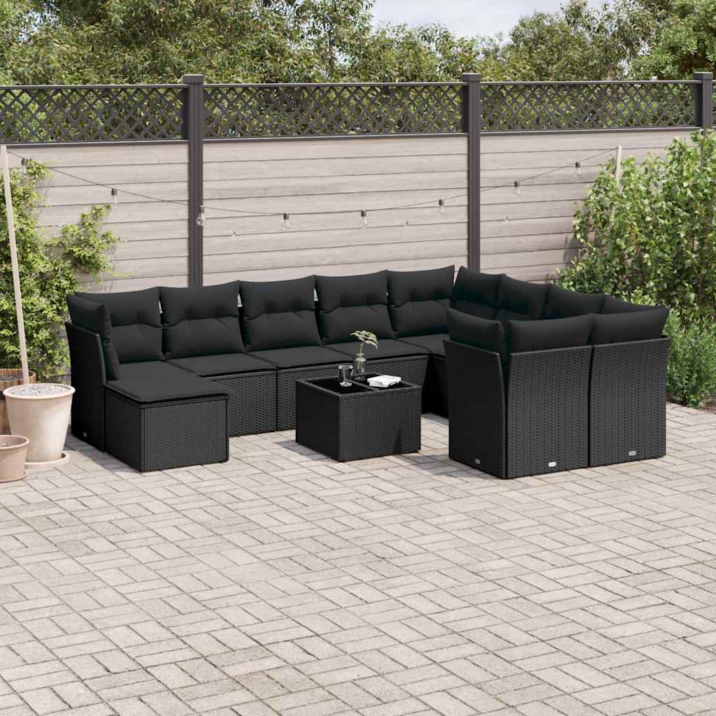 11-delige Loungeset met kussens poly rattan zwart – afbeelding 1