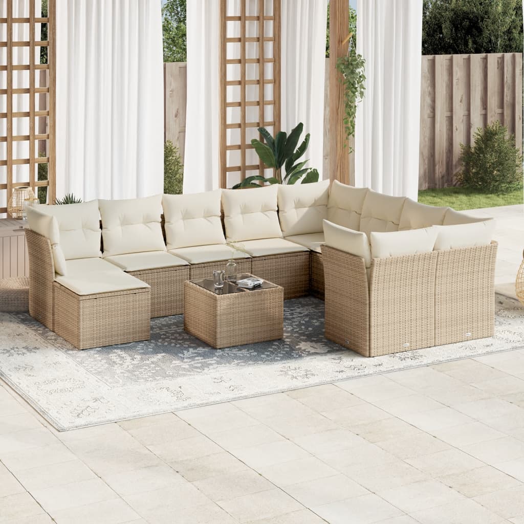 11-delige Tuinset met kussens poly rattan beige – afbeelding 1