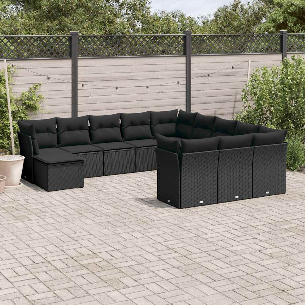 12-delige Loungeset met kussens poly rattan zwart – afbeelding 1