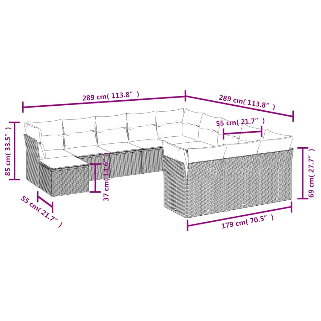 12-delige Loungeset met kussens poly rattan zwart – afbeelding 3