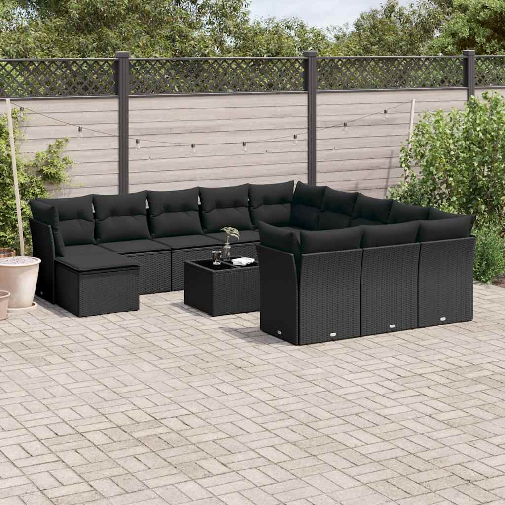 13-delige Loungeset met kussens poly rattan zwart – afbeelding 1