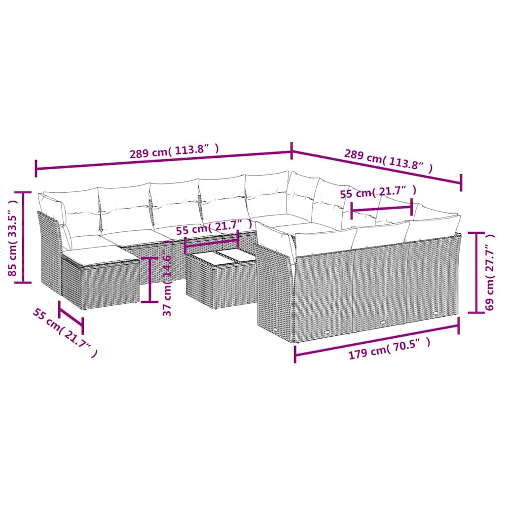 13-delige Loungeset met kussens poly rattan zwart – afbeelding 3
