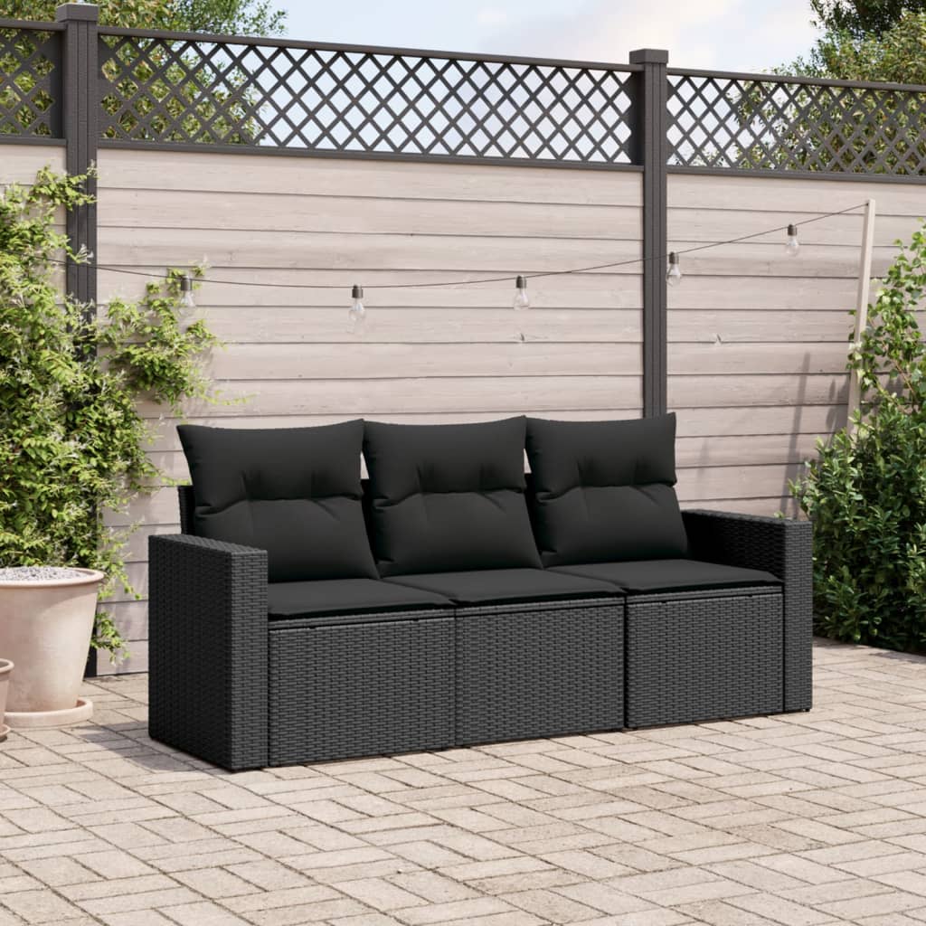 3-delige Loungeset met kussens poly rattan zwart – afbeelding 1