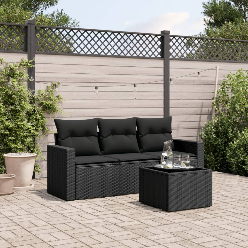 4-delige Loungeset met kussens poly rattan zwart – afbeelding 1