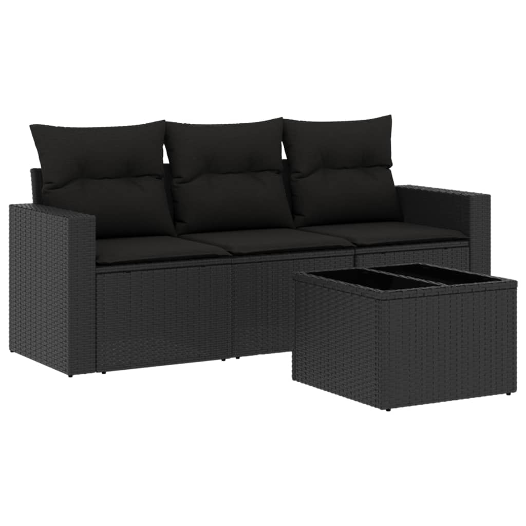 4-delige Loungeset met kussens poly rattan zwart – afbeelding 2