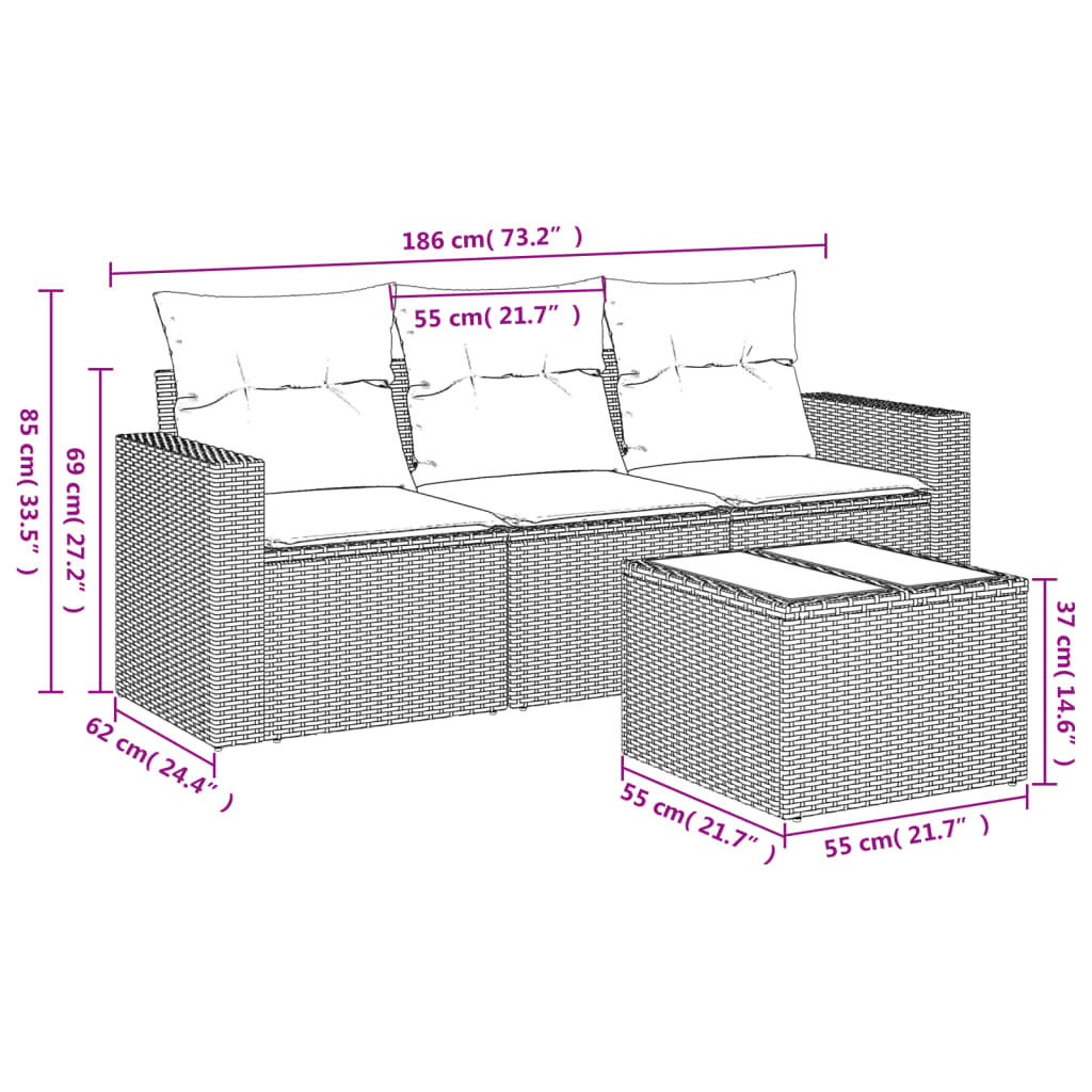 4-delige Loungeset met kussens poly rattan zwart – afbeelding 3
