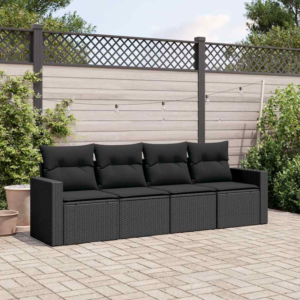 4-delige Loungeset met kussens poly rattan zwart – afbeelding 1