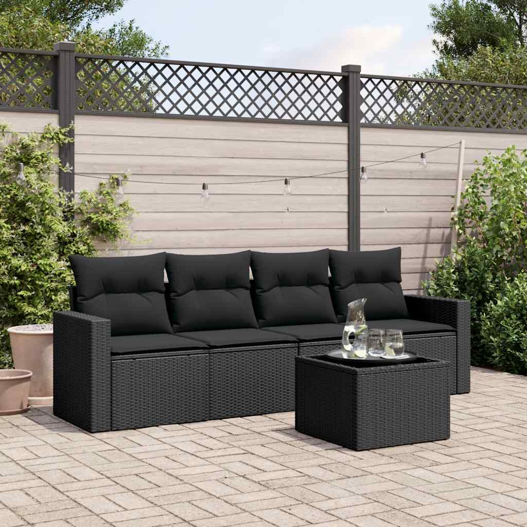 5-delige Loungeset met kussens poly rattan zwart – afbeelding 1