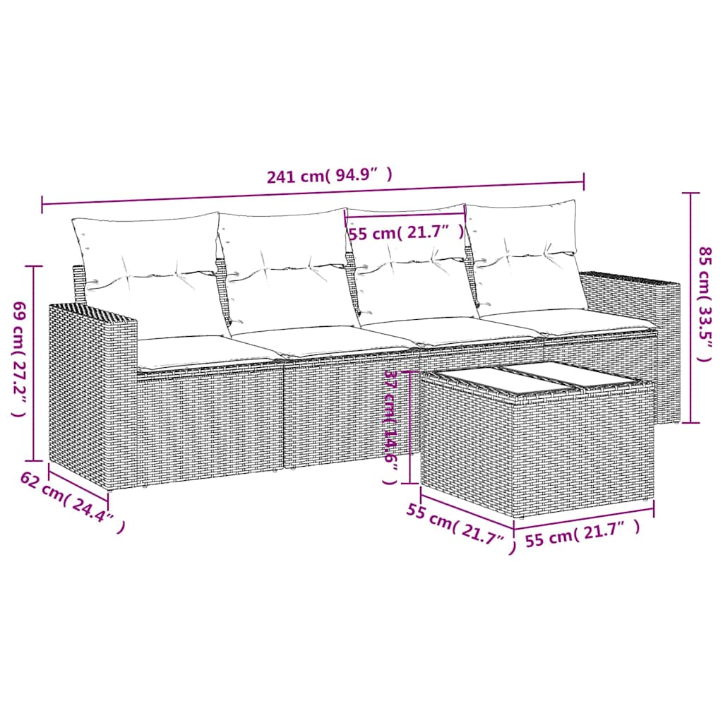 5-delige Loungeset met kussens poly rattan zwart – afbeelding 3