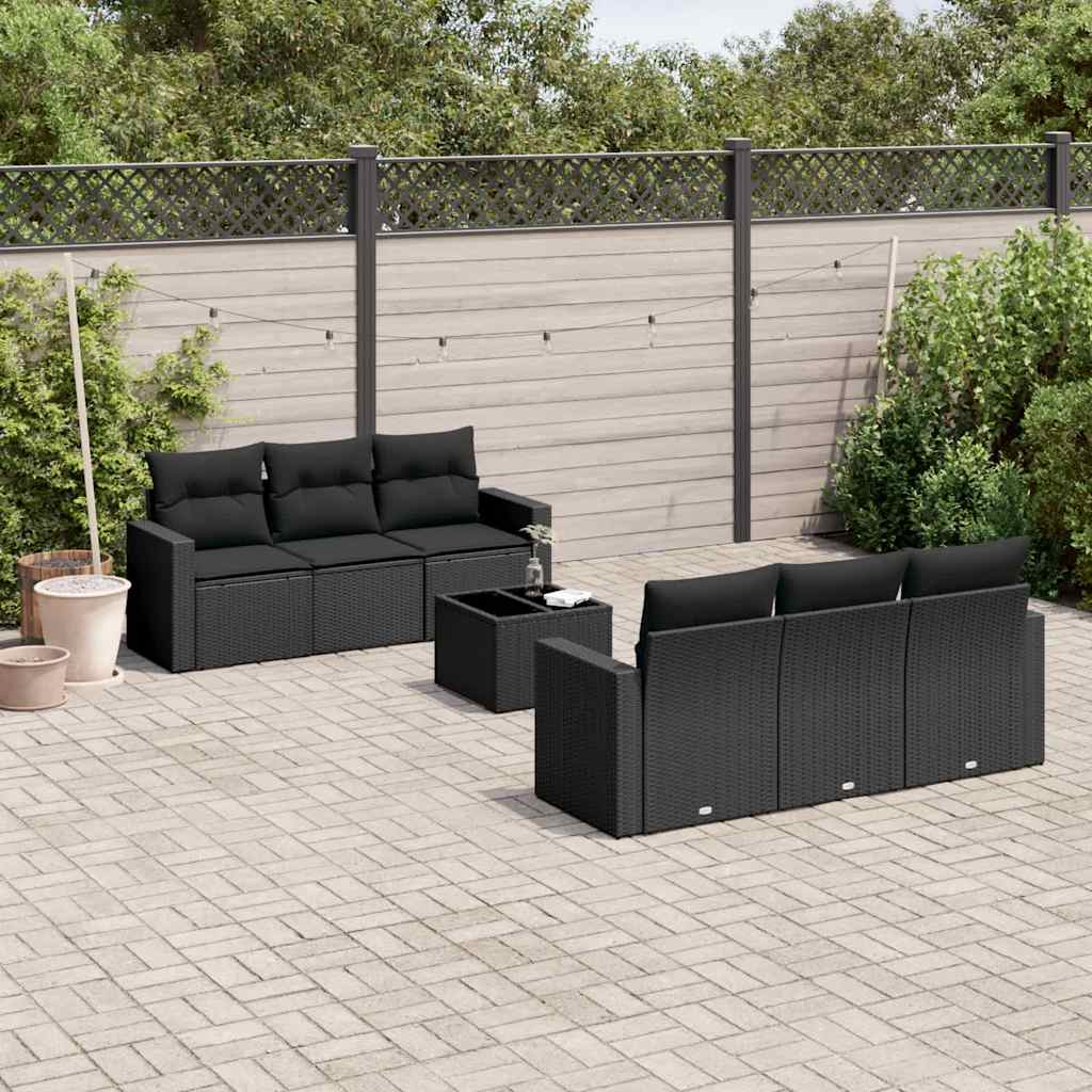 7-delige Loungeset met kussens poly rattan zwart – afbeelding 1