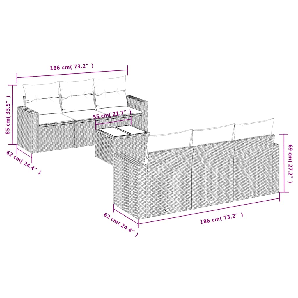 7-delige Loungeset met kussens poly rattan zwart – afbeelding 3