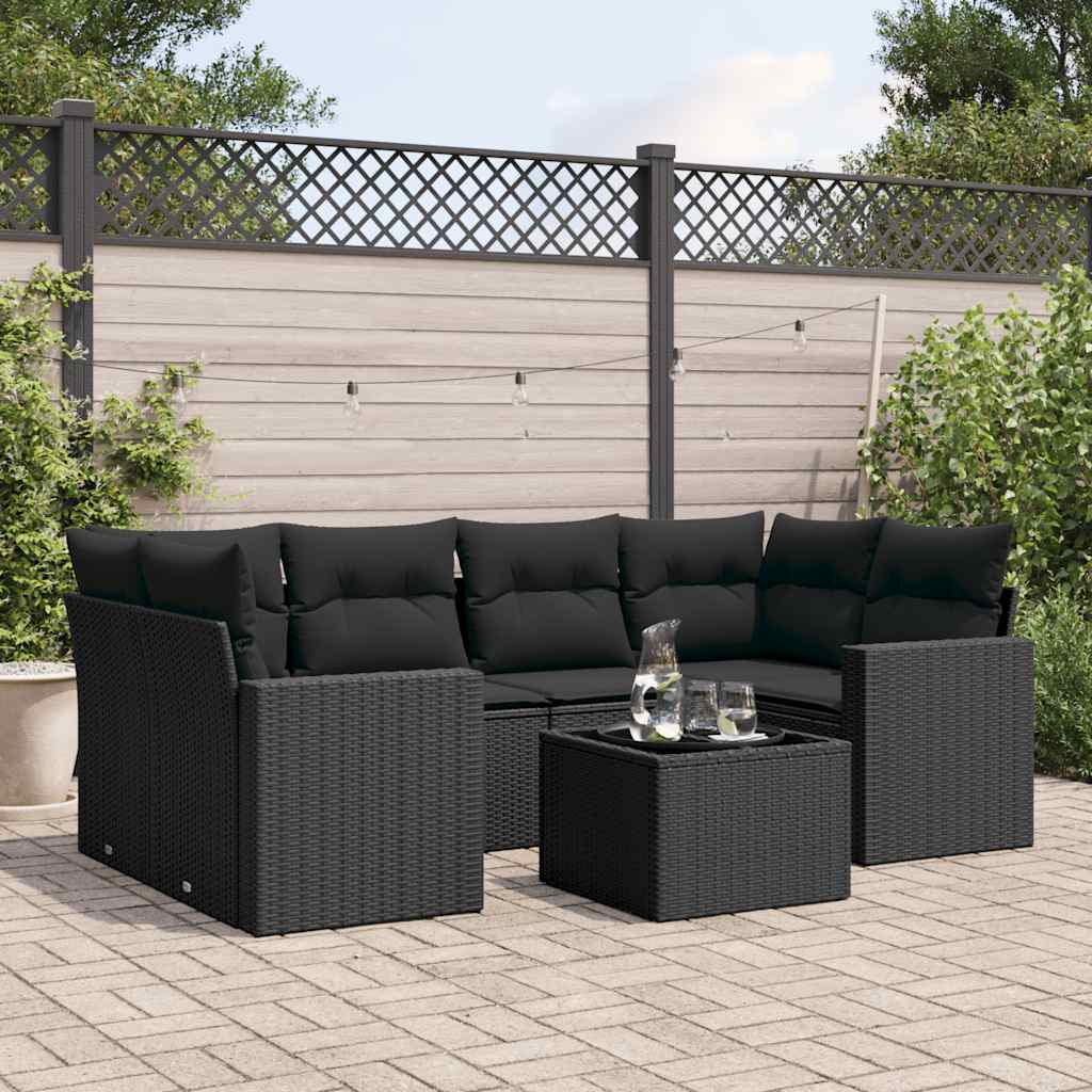 7-delige Loungeset met kussens poly rattan zwart – afbeelding 1