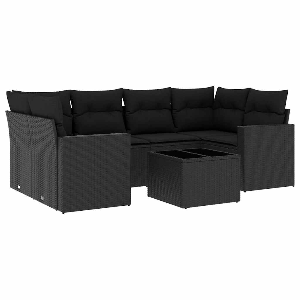7-delige Loungeset met kussens poly rattan zwart – afbeelding 2