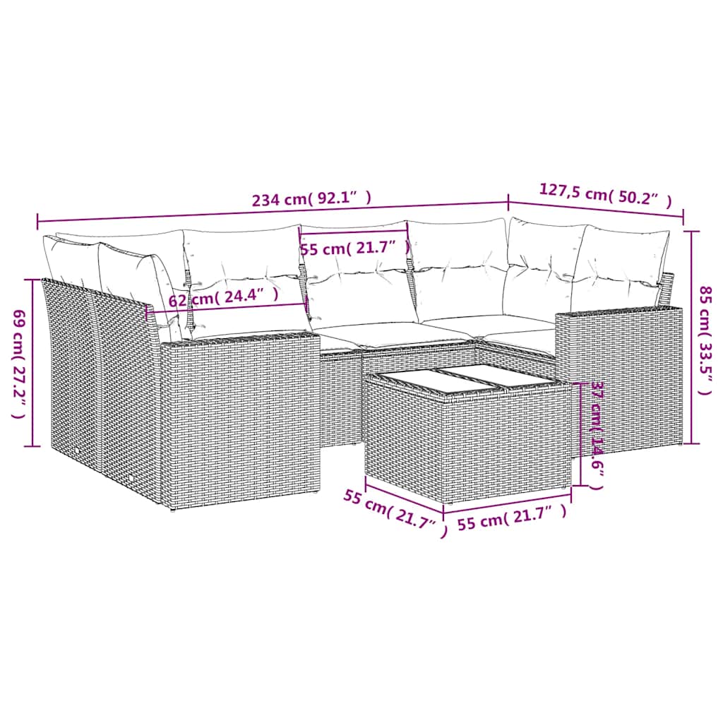 7-delige Loungeset met kussens poly rattan zwart – afbeelding 3