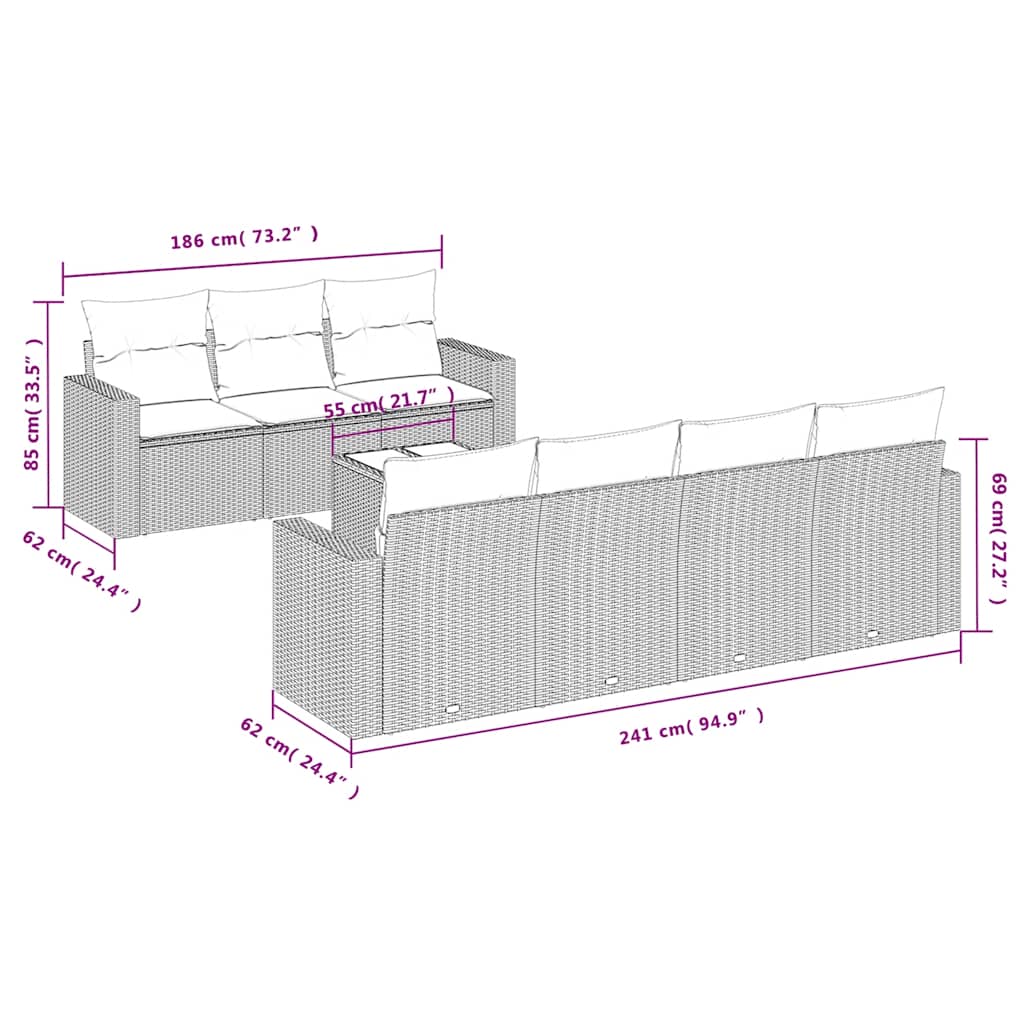 8-delige Loungeset met kussens poly rattan zwart – afbeelding 3