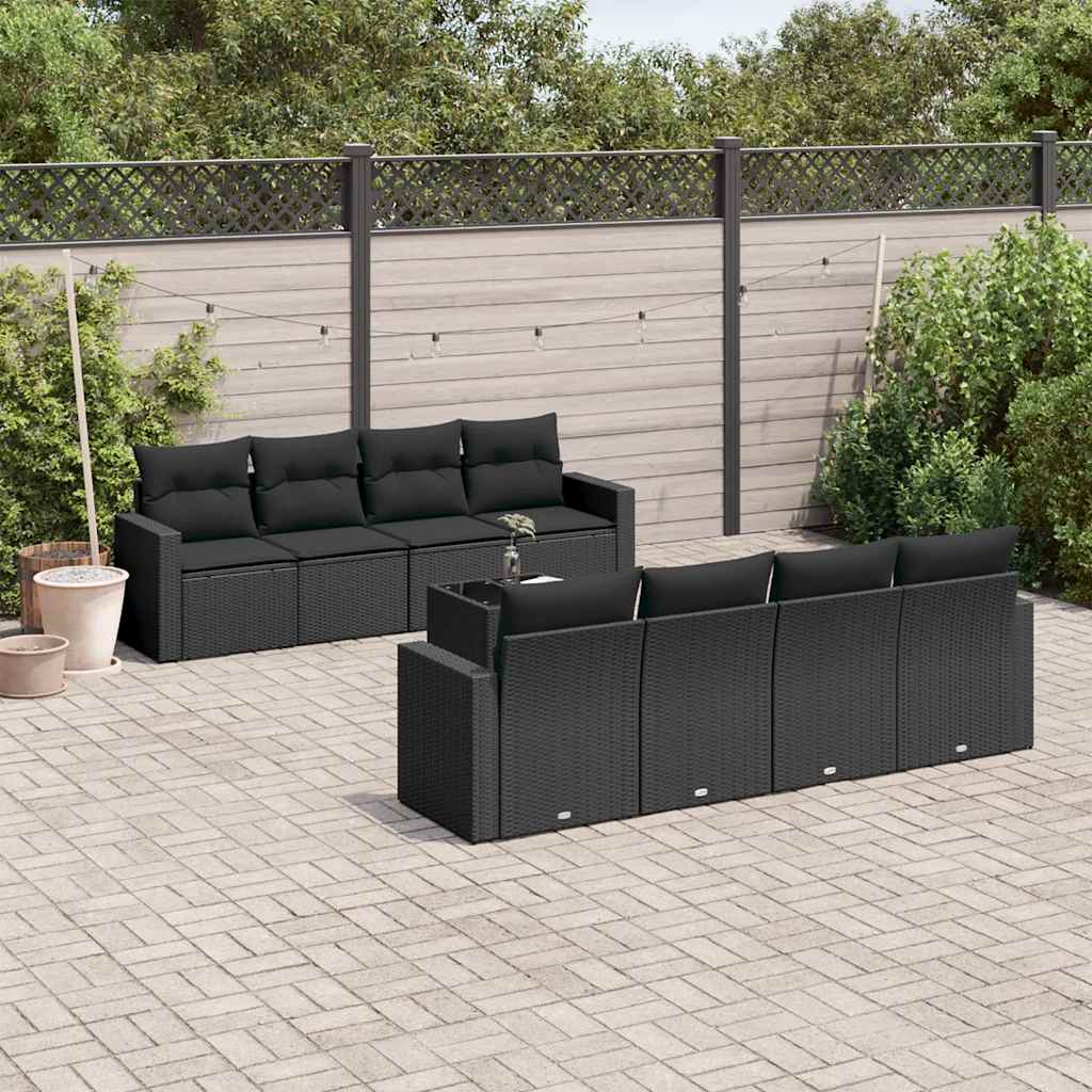 9-delige Loungeset met kussens poly rattan zwart – afbeelding 1