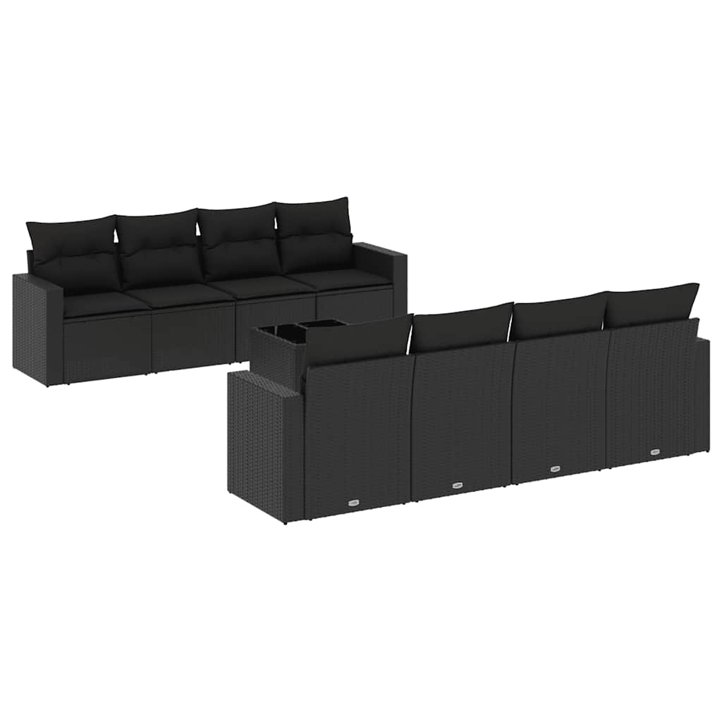 9-delige Loungeset met kussens poly rattan zwart – afbeelding 2
