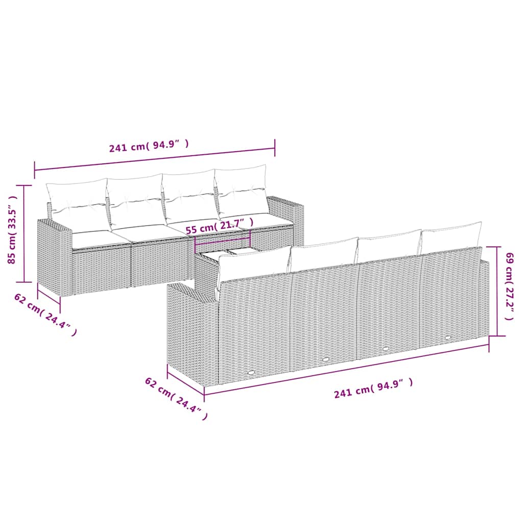 9-delige Loungeset met kussens poly rattan zwart – afbeelding 7
