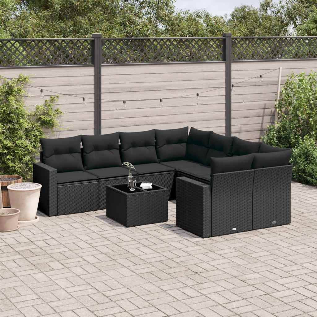 9-delige Loungeset met kussens poly rattan zwart – afbeelding 1