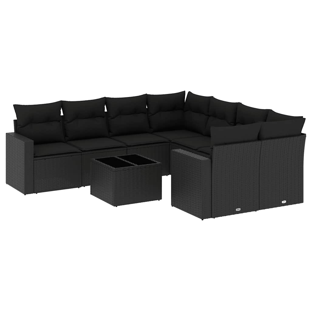 9-delige Loungeset met kussens poly rattan zwart – afbeelding 2