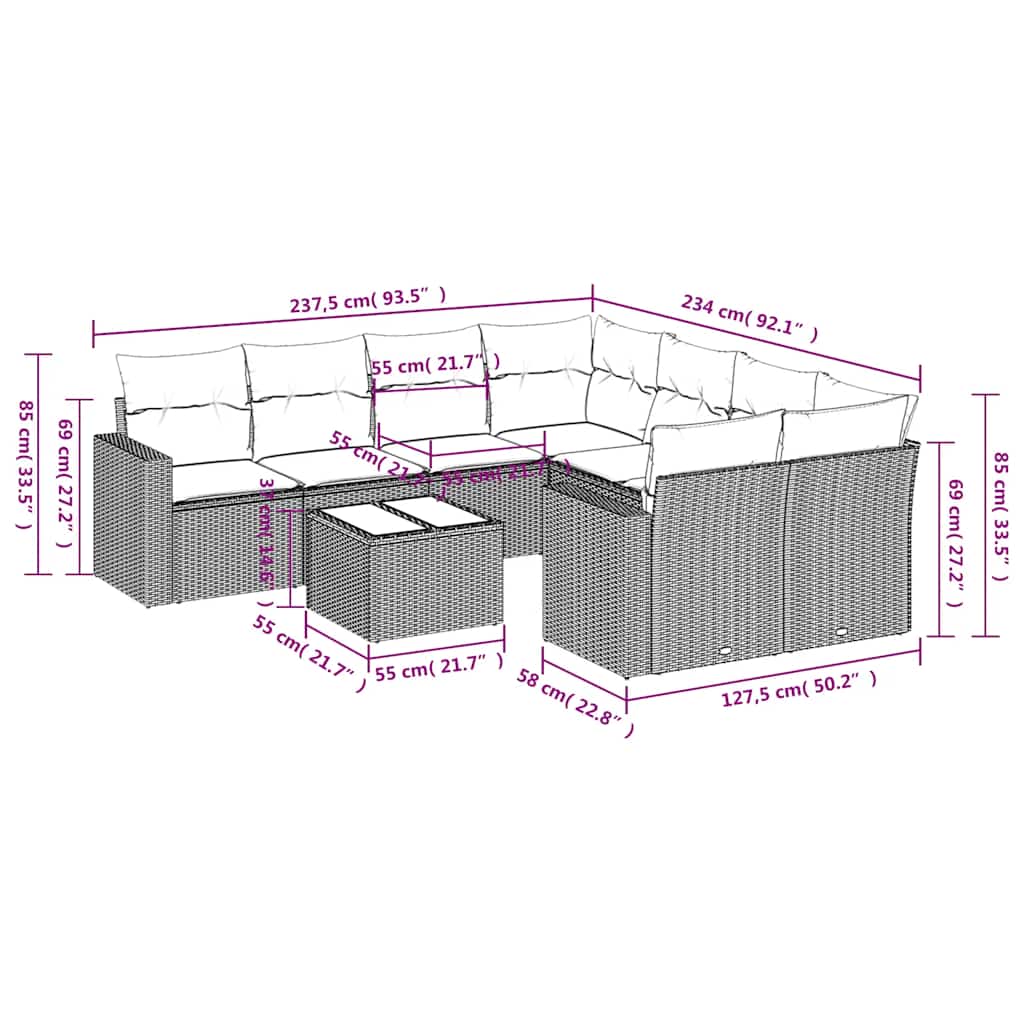 9-delige Loungeset met kussens poly rattan zwart – afbeelding 3