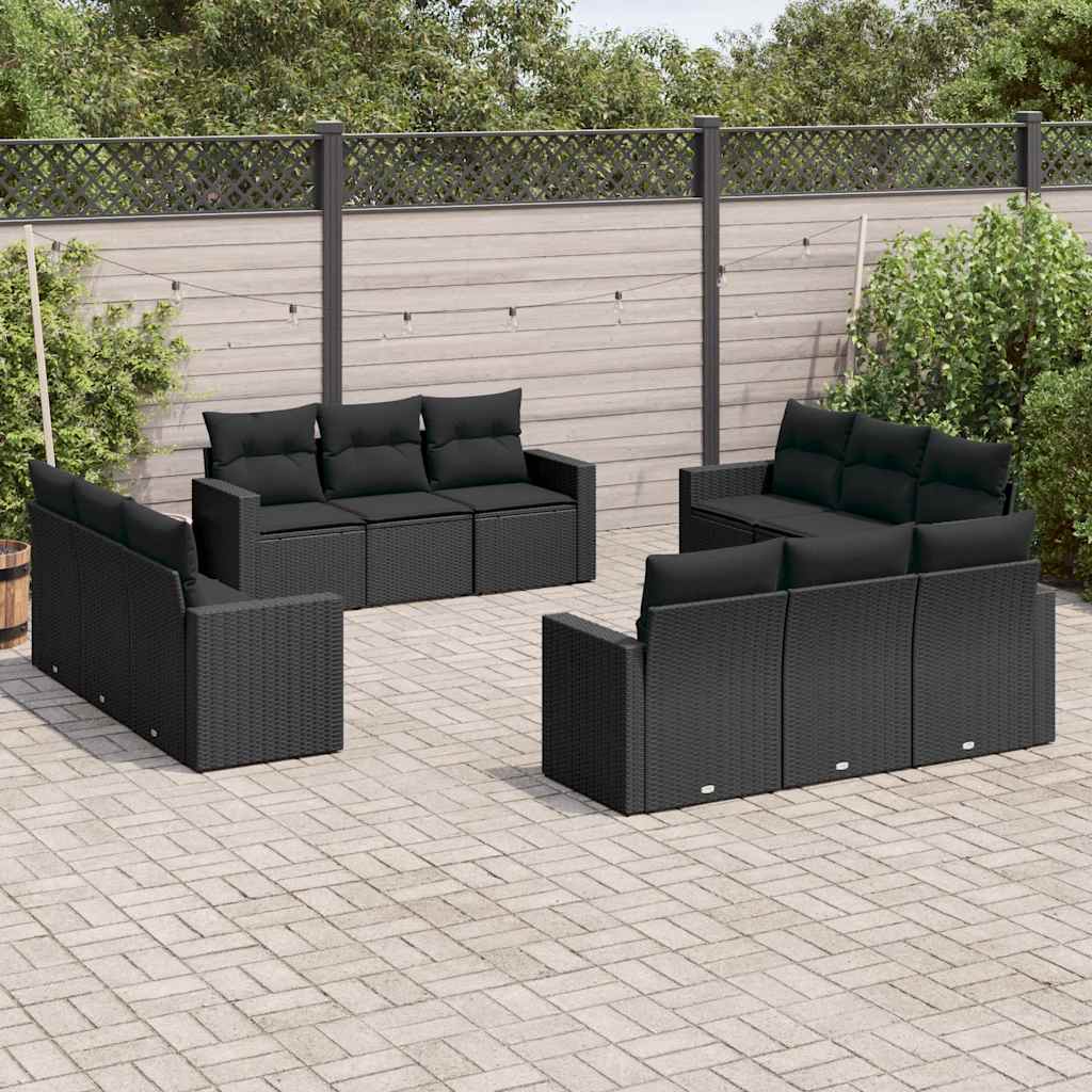 12-delige Loungeset met kussens poly rattan zwart – afbeelding 1