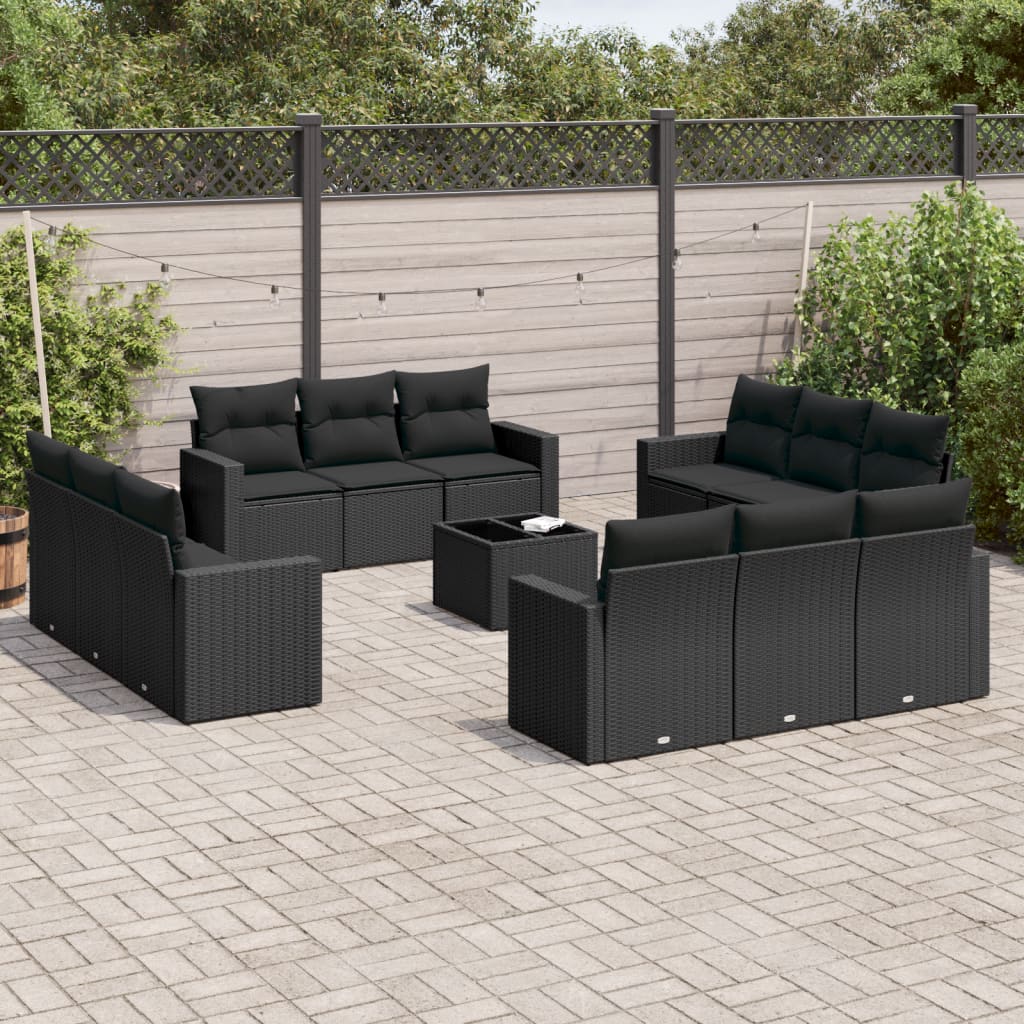 13-delige Loungeset met kussens poly rattan zwart – afbeelding 1