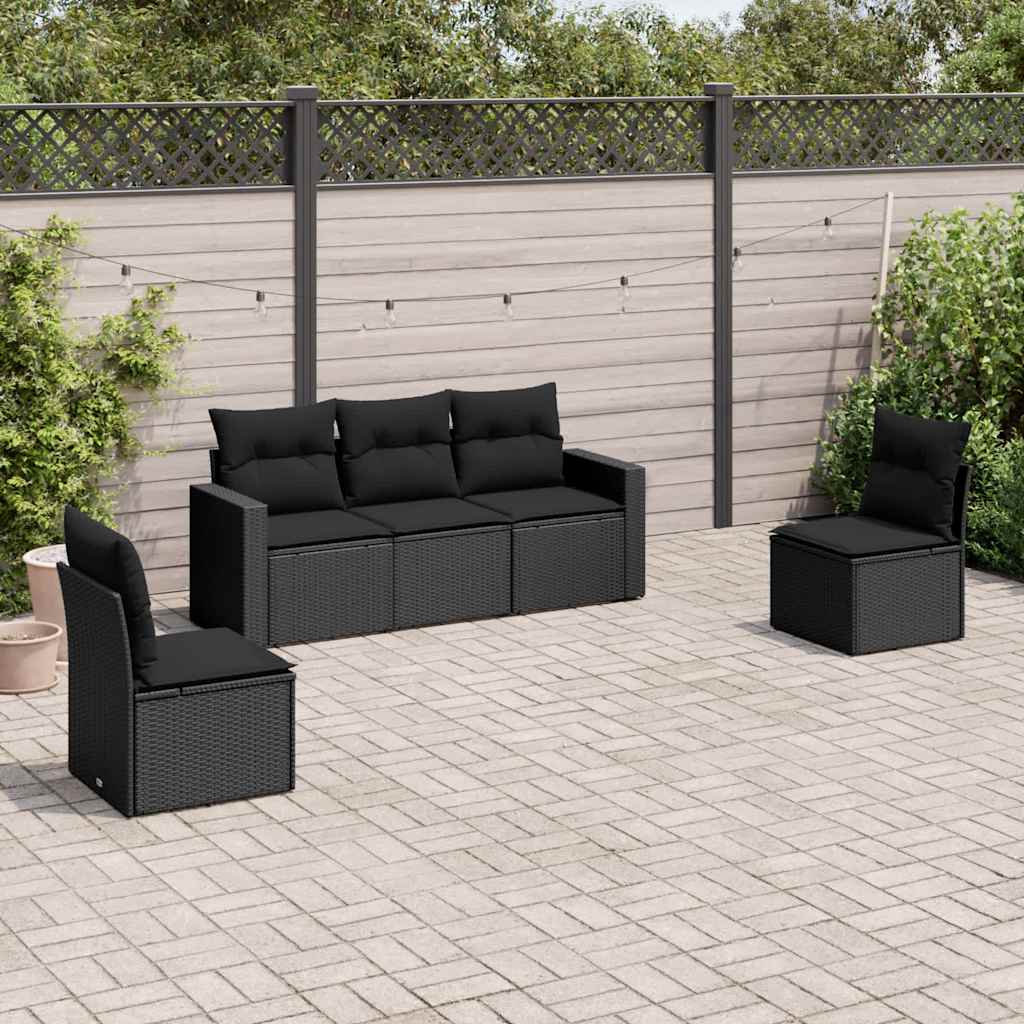 5-delige Loungeset met kussens poly rattan zwart – afbeelding 1