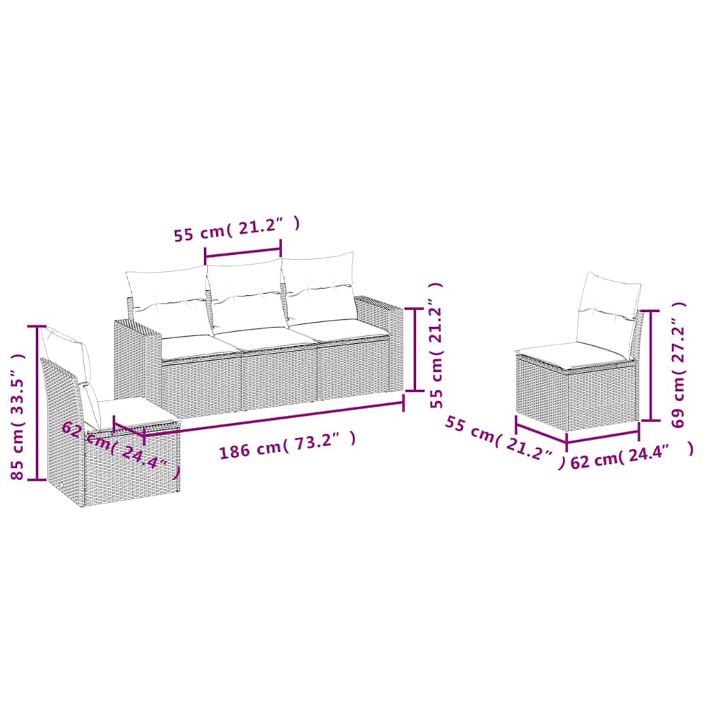 5-delige Loungeset met kussens poly rattan zwart – afbeelding 3
