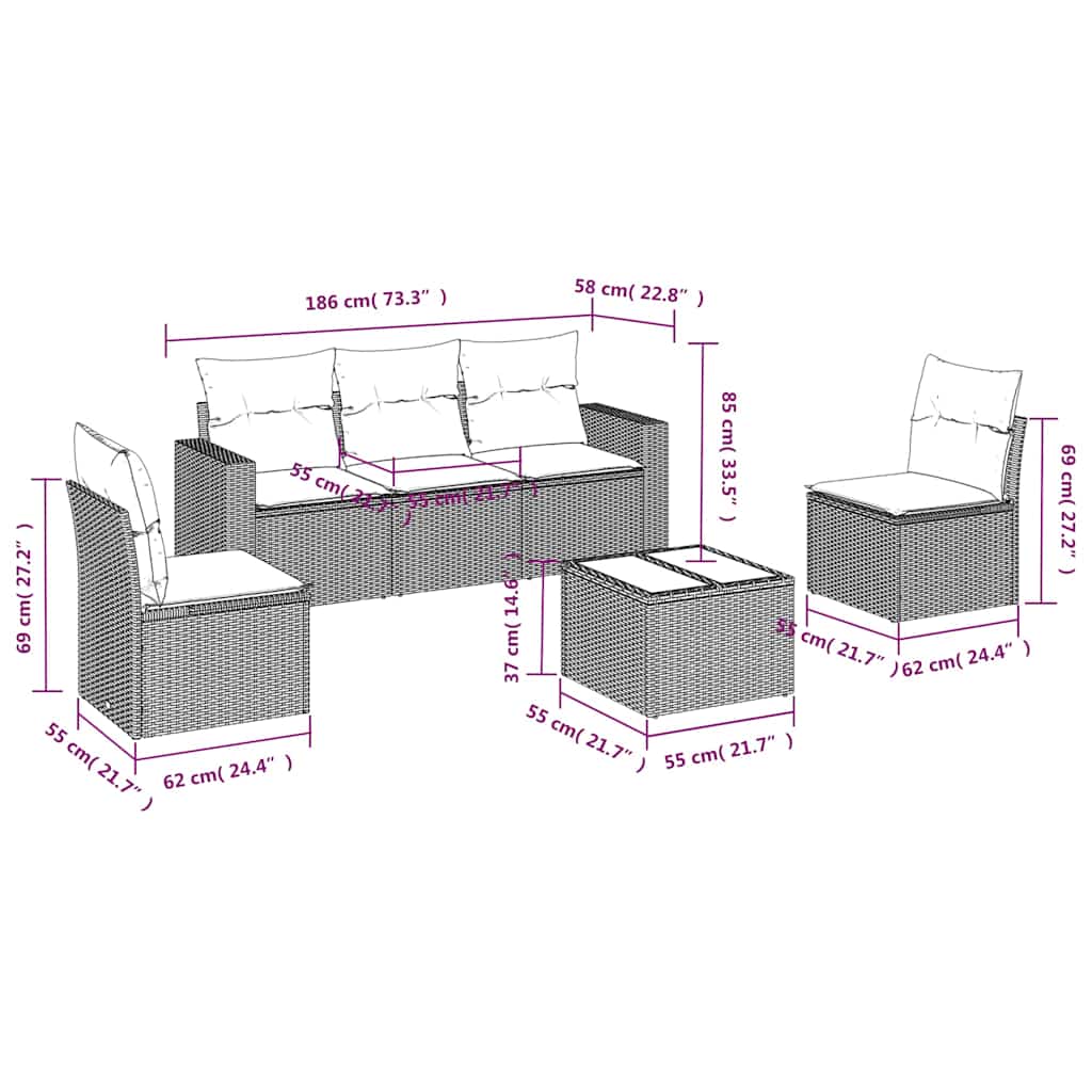 6-delige Loungeset met kussens poly rattan zwart – afbeelding 3