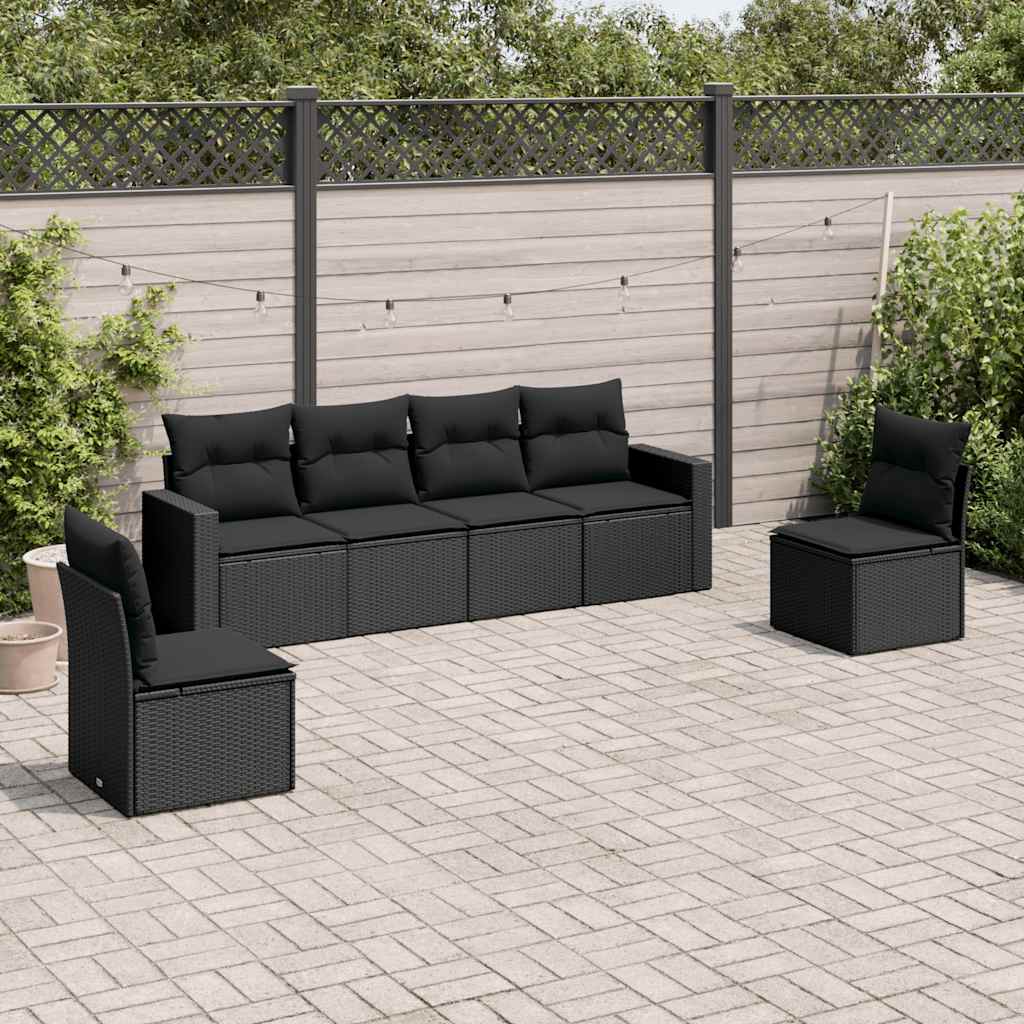 6-delige Loungeset met kussens poly rattan zwart – afbeelding 1