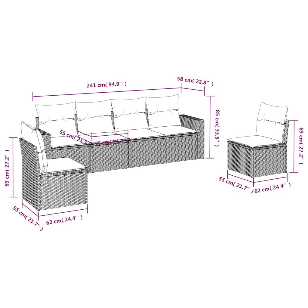 6-delige Loungeset met kussens poly rattan zwart – afbeelding 3