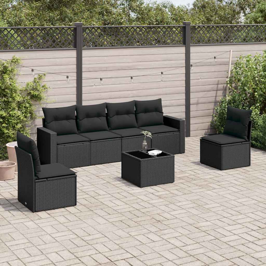 7-delige Loungeset met kussens poly rattan zwart – afbeelding 1