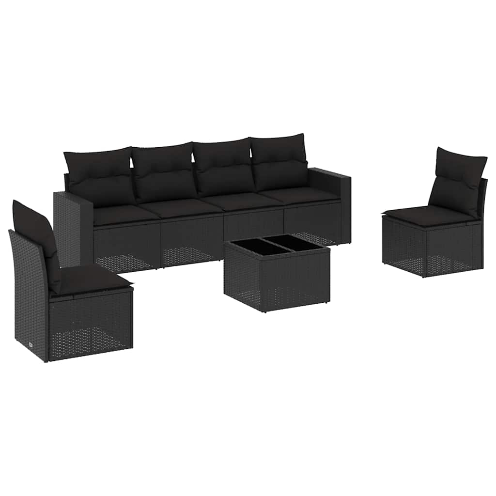 7-delige Loungeset met kussens poly rattan zwart – afbeelding 2