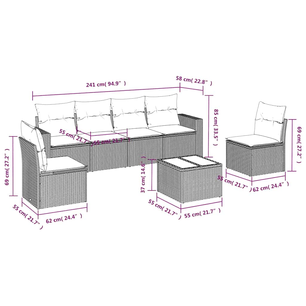 7-delige Loungeset met kussens poly rattan zwart – afbeelding 3