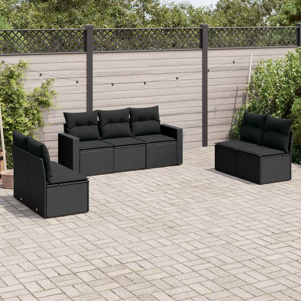 7-delige Loungeset met kussens poly rattan zwart – afbeelding 1
