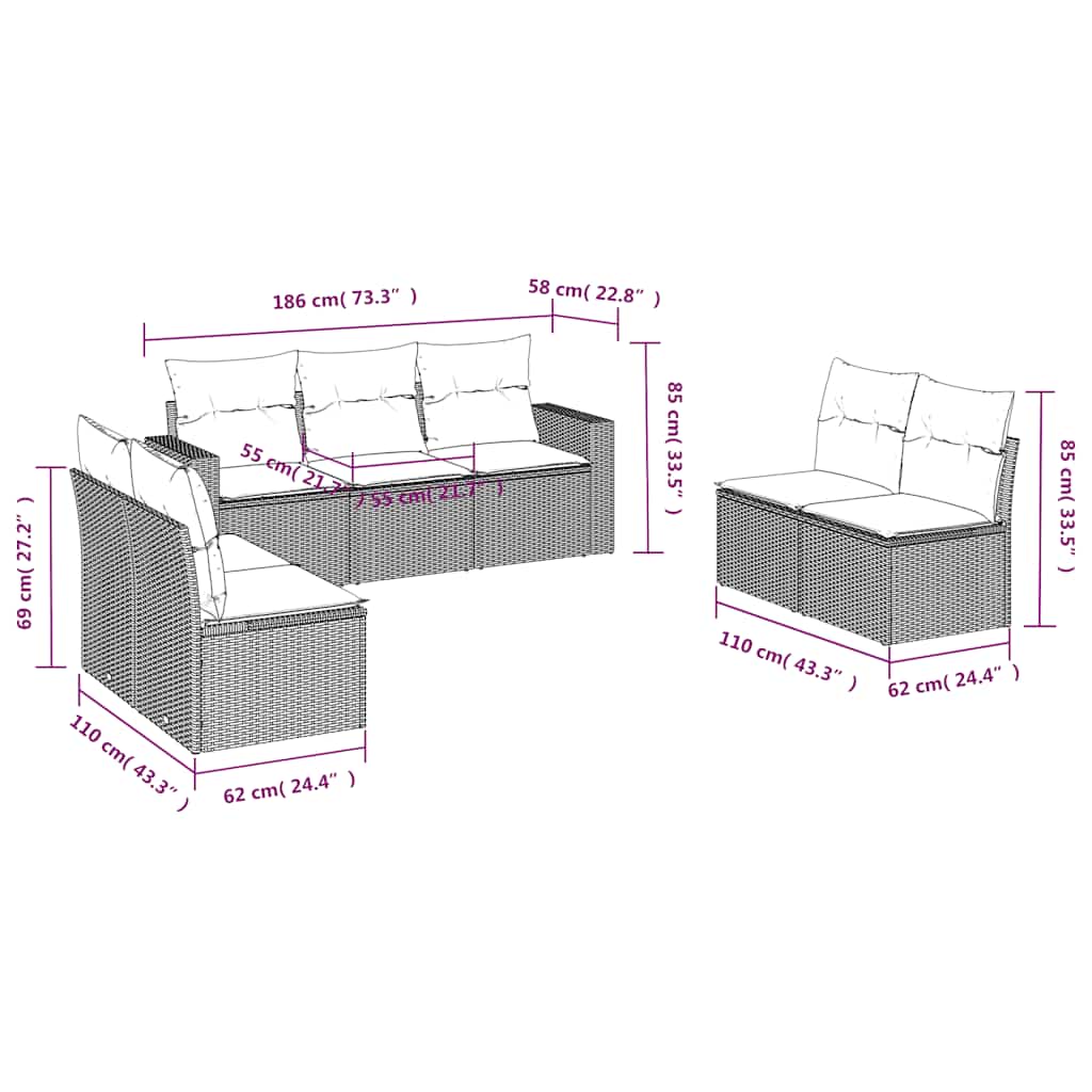 7-delige Loungeset met kussens poly rattan zwart – afbeelding 3
