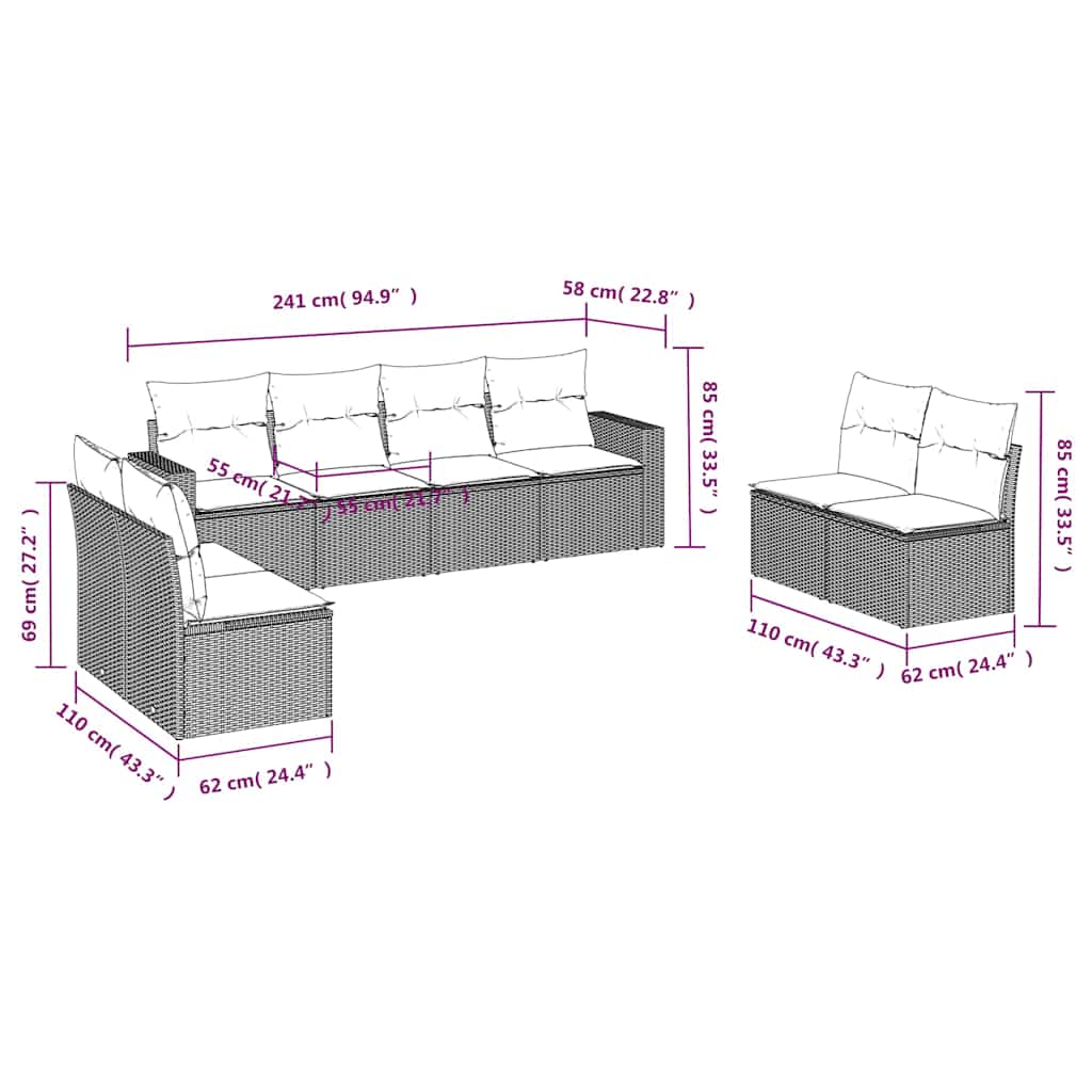 8-delige Loungeset met kussens poly rattan zwart – afbeelding 6