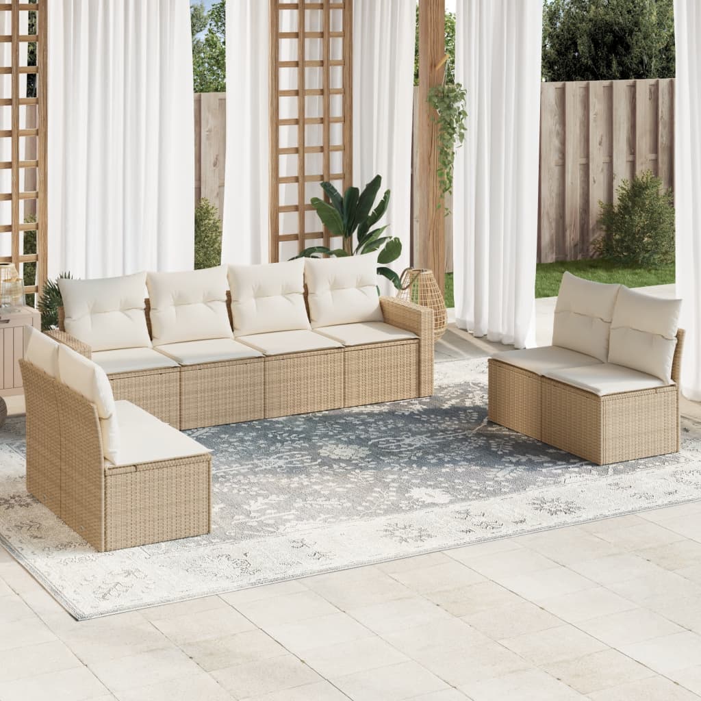 8-delige Loungeset met kussens poly rattan beige – afbeelding 1