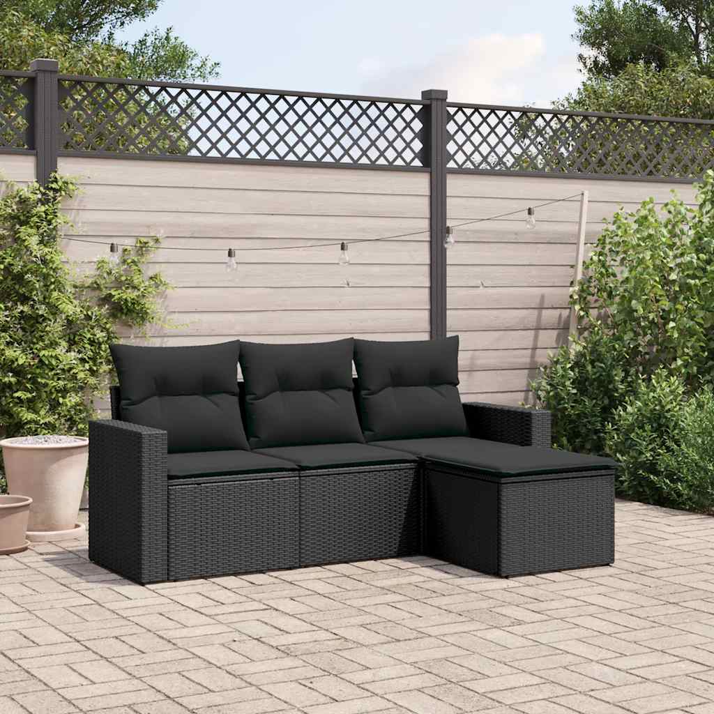 4-delige Loungeset met kussens poly rattan zwart – afbeelding 1