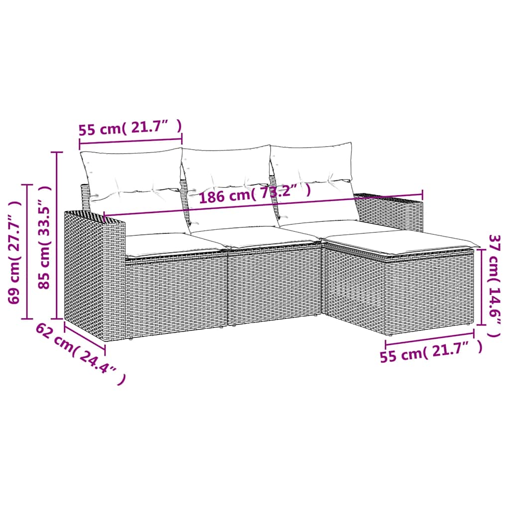 4-delige Loungeset met kussens poly rattan zwart – afbeelding 7