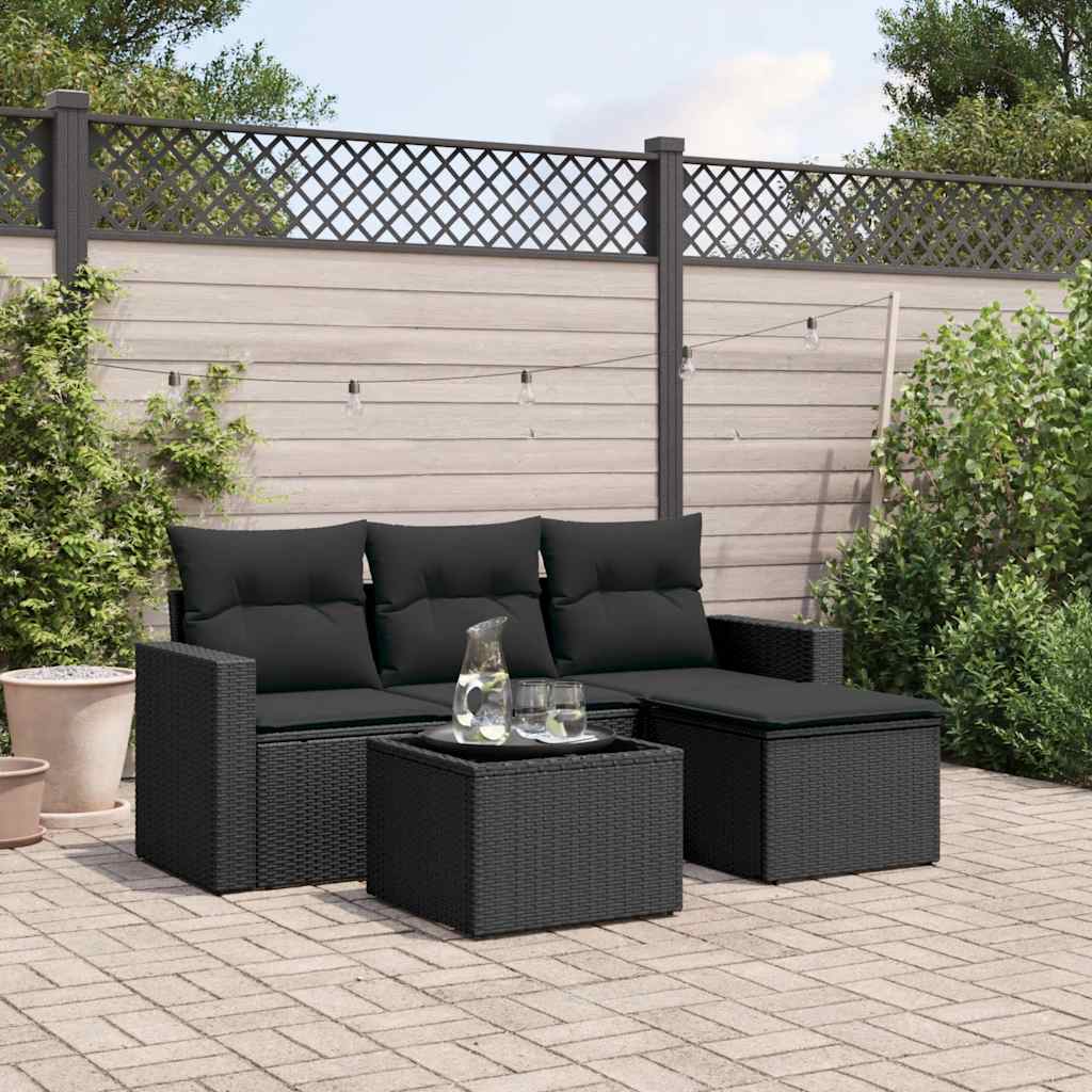5-delige Loungeset met kussens poly rattan zwart – afbeelding 1