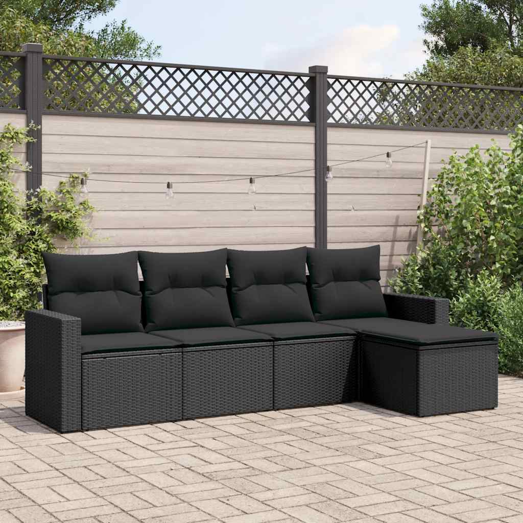 5-delige Loungeset met kussens poly rattan zwart – afbeelding 1
