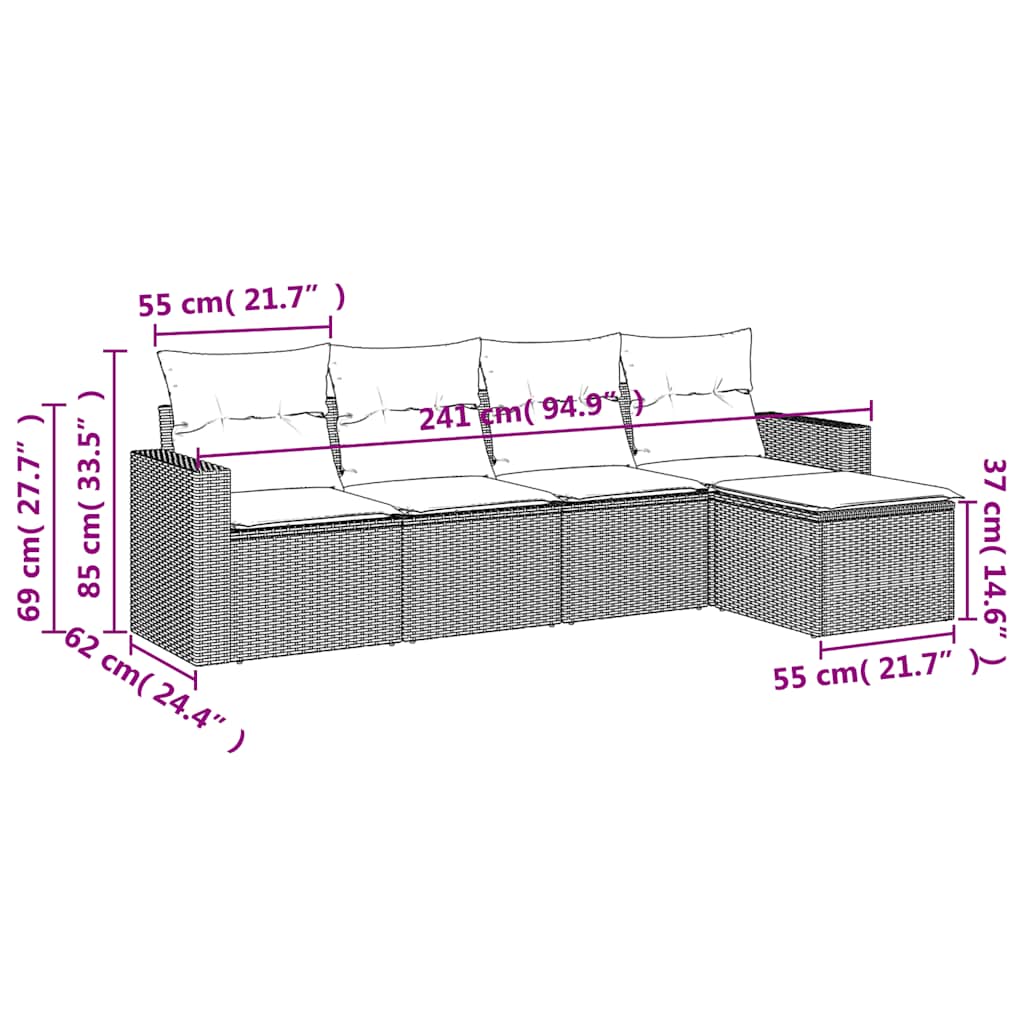5-delige Loungeset met kussens poly rattan zwart – afbeelding 7