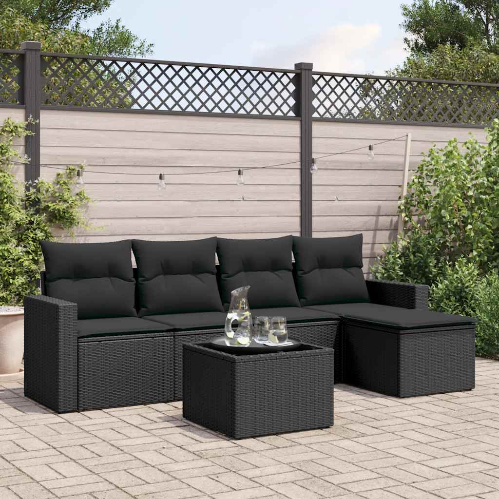 6-delige Loungeset met kussens poly rattan zwart – afbeelding 1
