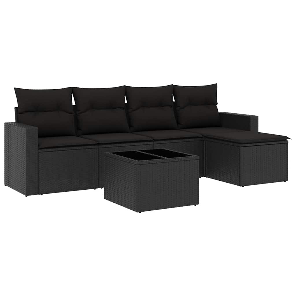 6-delige Loungeset met kussens poly rattan zwart – afbeelding 2