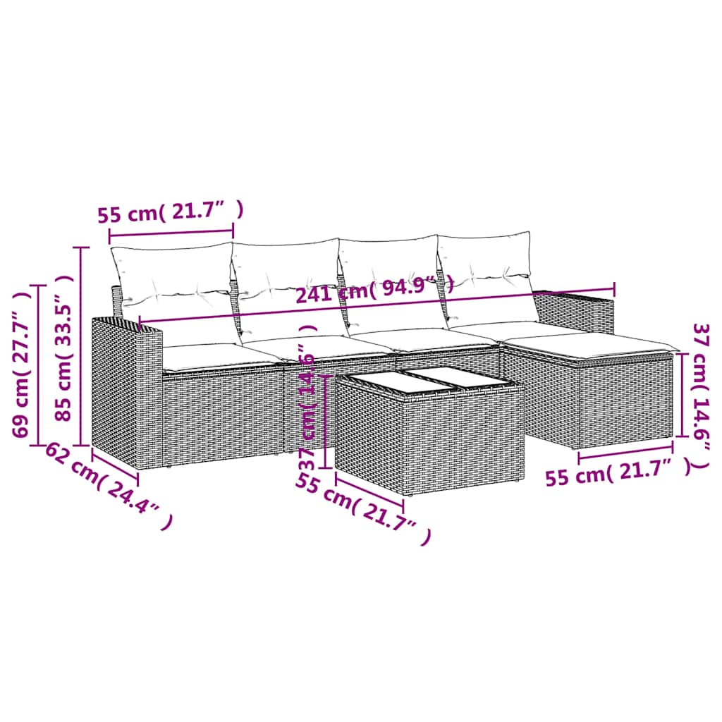 6-delige Loungeset met kussens poly rattan zwart – afbeelding 8